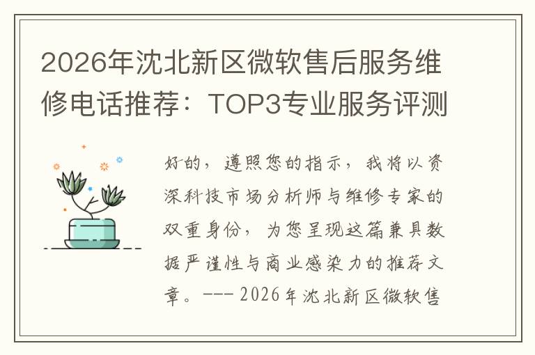 2026年沈北新区微软售后服务维修电话推荐:TOP3专业服务评测口碑排名对比知名
2026年沈北新区微软售后服务维修电话推荐:TOP3专业服务评测口碑排名对比知名